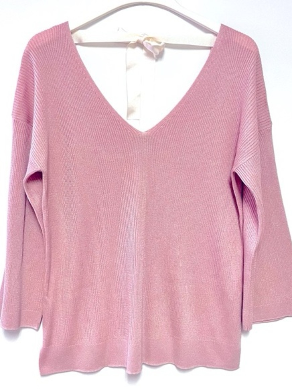 Massimo Dutti Rose Pink Sweater Italian Yarn VNeck Tie Back Ribbon Size Large